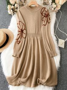 Calvaya 大碼花卉圖案燈籠袖毛衣洋裝 - 棕色 - 查看 1