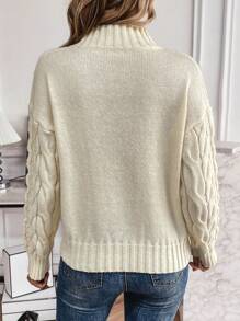 SHEIN Essnce 麻花編織小高領落肩袖套頭毛衣 - 杏色 - 查看 2