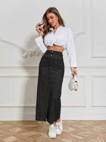SHEIN Essnce Button Fly Dual Pocket Denim Skirt - Black - View 5