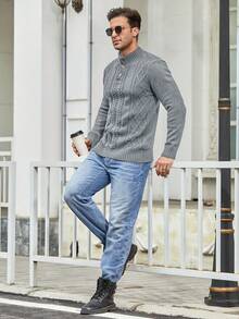 Manfinity Homme 男士紐帶扭紋針織開襟衫毛衣 - 灰色 - 查看 4