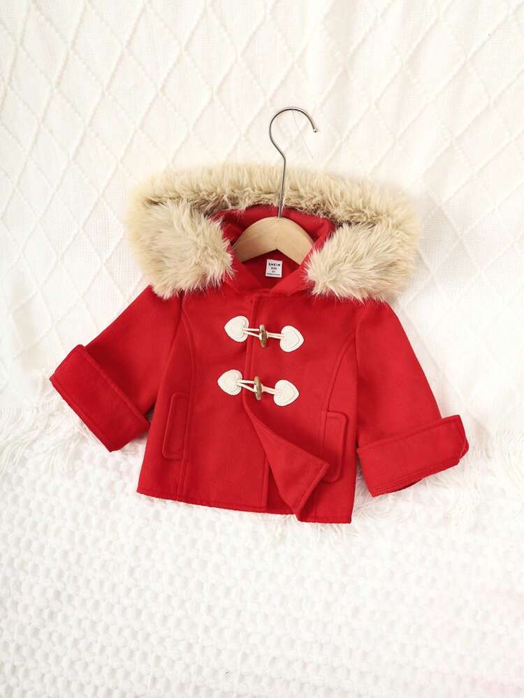 Young Girl Fuzzy Trim Hooded Duffle Overcoat