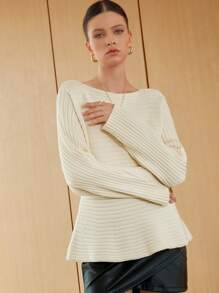 Anewsta Áo len cổ thuyền tay cánh dơi dệt kim mùa thu đông - Màu be - Xem 4