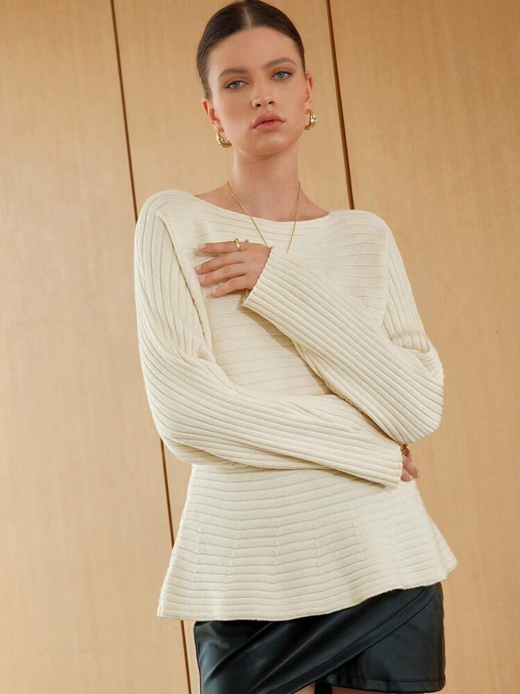 Anewsta Suéter de cuello de barco, manga de murciélago, tejido, para otoño e invierno - Albaricoque - Ver 4