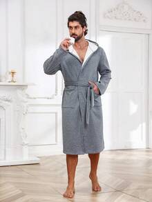 Men Dual Pocket Belted Hooded Thermal Lined Loungewear Robe - Dark Grey - View 3