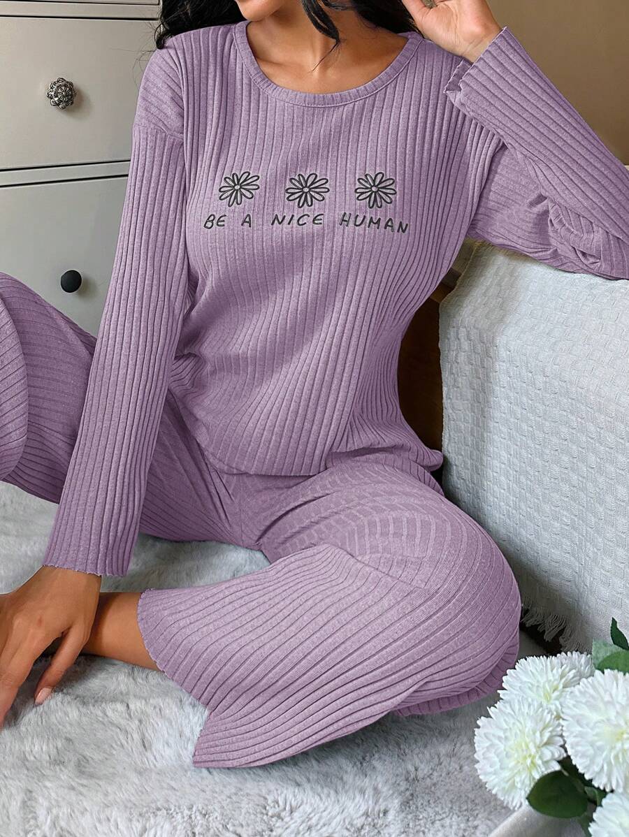 EURMUSE 字母印花罗纹针织休闲服套装 - 紫色 - 查看 1