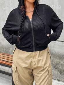 Flirla 加大码拉链落肩抽绳卫衣 - 黑色 - 查看 4