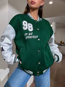 StreetHx Star & Letter Graphic Two Tone Drop Shoulder Varsity Jacket Fall Winter Cloth For Women - Multicolor - View 5