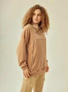 In My Nature Letter Embroidery Drop Shoulder Outdoor Sweatshirt Without Hat - Brown - View 5