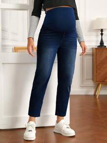 SHEIN 孕婦寬帶腰部媽媽適合牛仔褲 - 深色水洗藍 - 查看 7