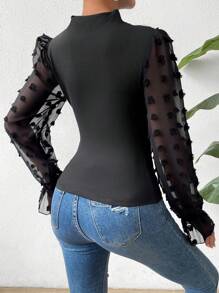 SHEIN Privé Swiss Dot Flounce Sleeve Mock Neck Ruched Side Top - Black - View 2