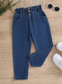 SHEIN Young Girl Casual Boho Daily Dark Wash Paperback With Waist Flat Pockets Mom Jeans Summer Holiday - Dark Wash - View 1