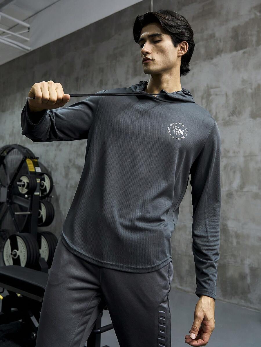 男士字母图案抽绳运动卫衣 - 深灰色 - 查看 1