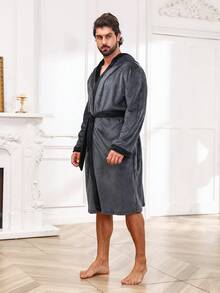 男士拼接邊腰帶睡袍 - 深灰色 - 查看 7