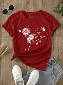 SHEIN EZwear Dandelion And Butterfly Print Tee - Red - View 1