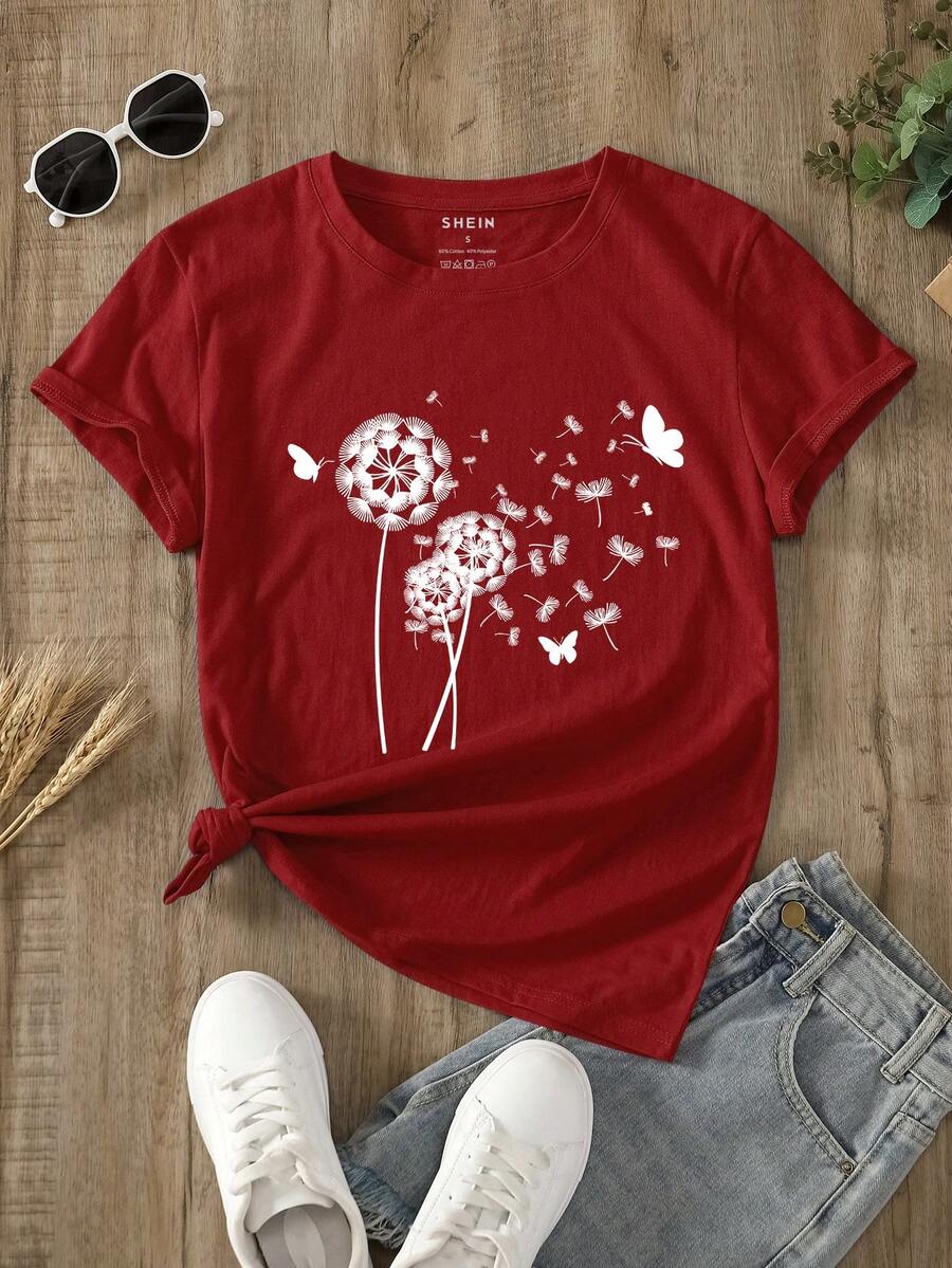 SHEIN EZwear Dandelion And Butterfly Print Tee - Red - View 1
