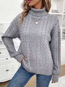 SHEIN LUNE Turtleneck Cable Knit Drop Shoulder Sweater - Grey - View 5