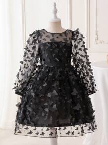 Tween Girls' Mesh Butterfly Applique Formal Dress - Black - View 1