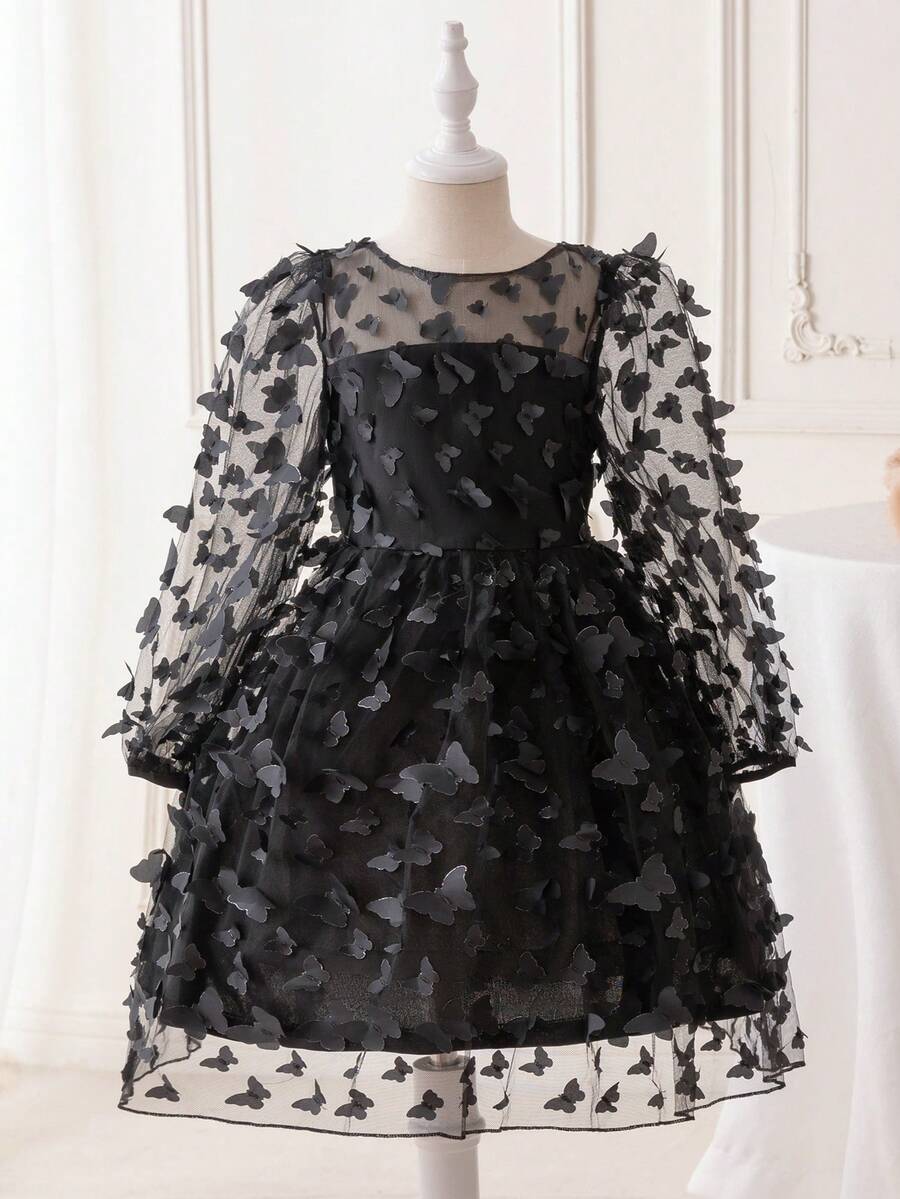 Tween Girls' Mesh Butterfly Applique Formal Dress - Black - View 1