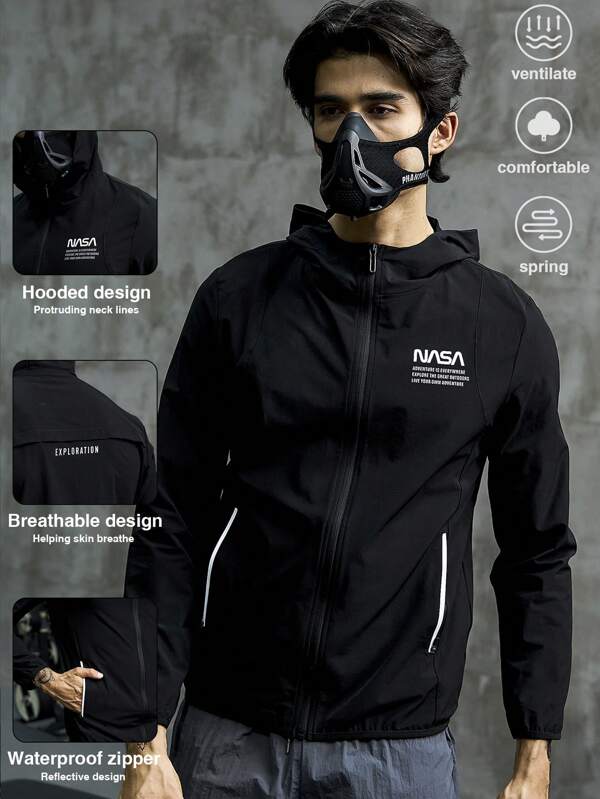 Coreblaze Men Letter Graphic Hooded Jacket Workout Tops
