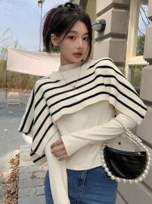 Dazy Star 1 Miếng Mẫu sọc Áo len Cape - Đen và trắng - Xem 2