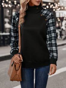 SHEIN LUNE Plaid Print Raglan Sleeve Button Detail Sweatshirt - Black - View 1