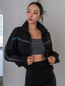 Dazy Designer Băng tương phản Thả vai Dây kéo Áo khoác - màu đen - Xem 4