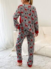 RueChic Christmas Elk & Snowflake Embroidery Flannel PJ Set - Multicolor - View 2