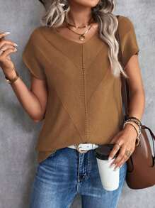 SHEIN LUNE Top de punto unicolor de manga murciélago - Caqui - Ver 1