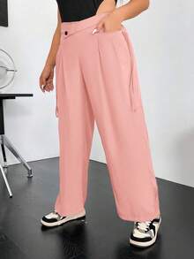 Flirla Plus Solid Wide Leg Pants - Pink - View 4