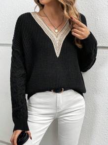 SHEIN LUNE Guipure Ren tương phản Thả vai Áo len - màu đen - Xem 6