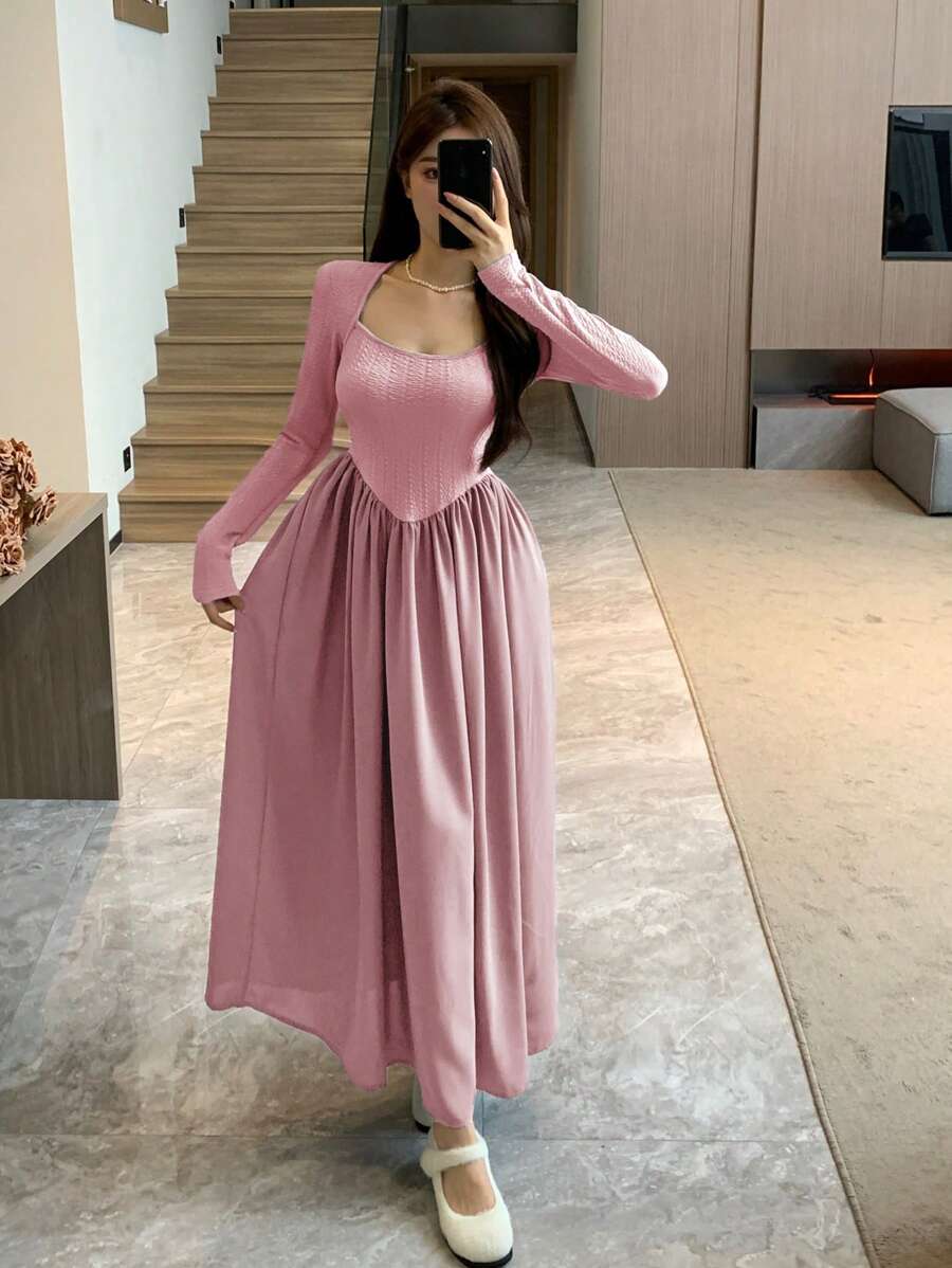 DAZY Váy hai dây viền bất đối xứng trơn kèm áo khoác Bolero, Quần áo nữ mùa thu - Hồng - Xem 1