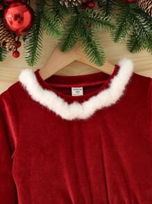 SHEIN Cô Gái Trẻ Trang trí Fuzzy Viền không đối xứng Nhung Đầm - Đỏ - Xem 4