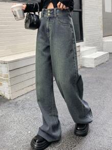 Dazy Star 高腰闊腿牛仔褲 - 中等水洗藍 - 查看 6