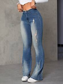 SHEIN ICON Jeans de pierna amplia de talle alto desgarro - Azul lavado medio - Ver 4