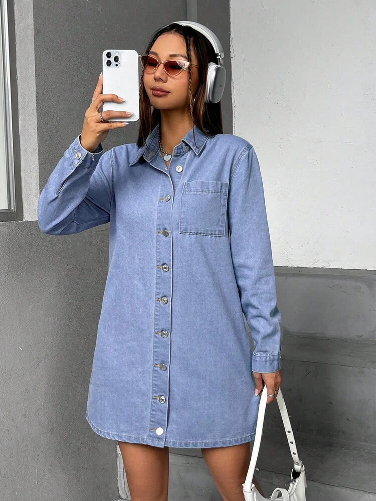 Patched Pocket Button Front Denim Dress