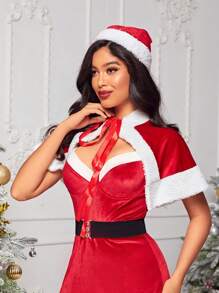 毛茸邊前打結耶誕節裝披肩不附胸罩 - 紅色 - 查看 4