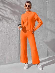 SHEIN Essnce Mock Neck Seam Front Drop Shoulder Sweater & Knit Pants - Orange - View 3