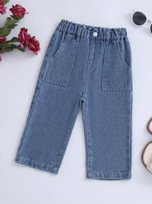 口袋 紙袋褲腰純色嬰童（女）牛仔 - 中等水洗藍 - 查看 1