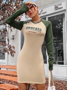 Flirla Letter Graphic Contrast Raglan Sleeve Bodycon Dress - Multicolor - View 3