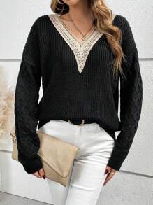 SHEIN LUNE Guipure Ren tương phản Thả vai Áo len - màu đen - Xem 1