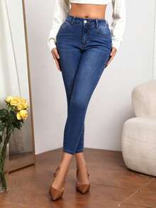 SHEIN Privé Chi tiết thêu Quần jean ôm - Rửa trung bình - Xem 5