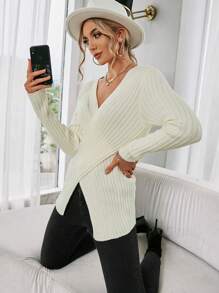 SHEIN Clasi Jersey de punto acanalado cruzado para otoño e invierno - Albaricoque - Ver 7