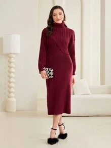 Mulvari 勃艮第红色高领粗针织毛衣和毛衣连衣裙 - 酒紅色 - 查看 5