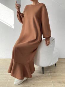 SHEIN Essnce Chất rắn Xù Hoa Sen Lót nhiệt Đầm nỉ - màu nâu - Xem 5