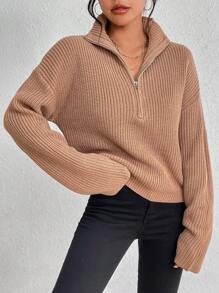 SHEIN Unity Jersey con cremallera media de hombros caídos - Caqui - Ver 3