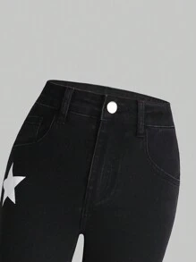 女大童星星印花牛仔喇叭褲 - 黑色 - 查看 5