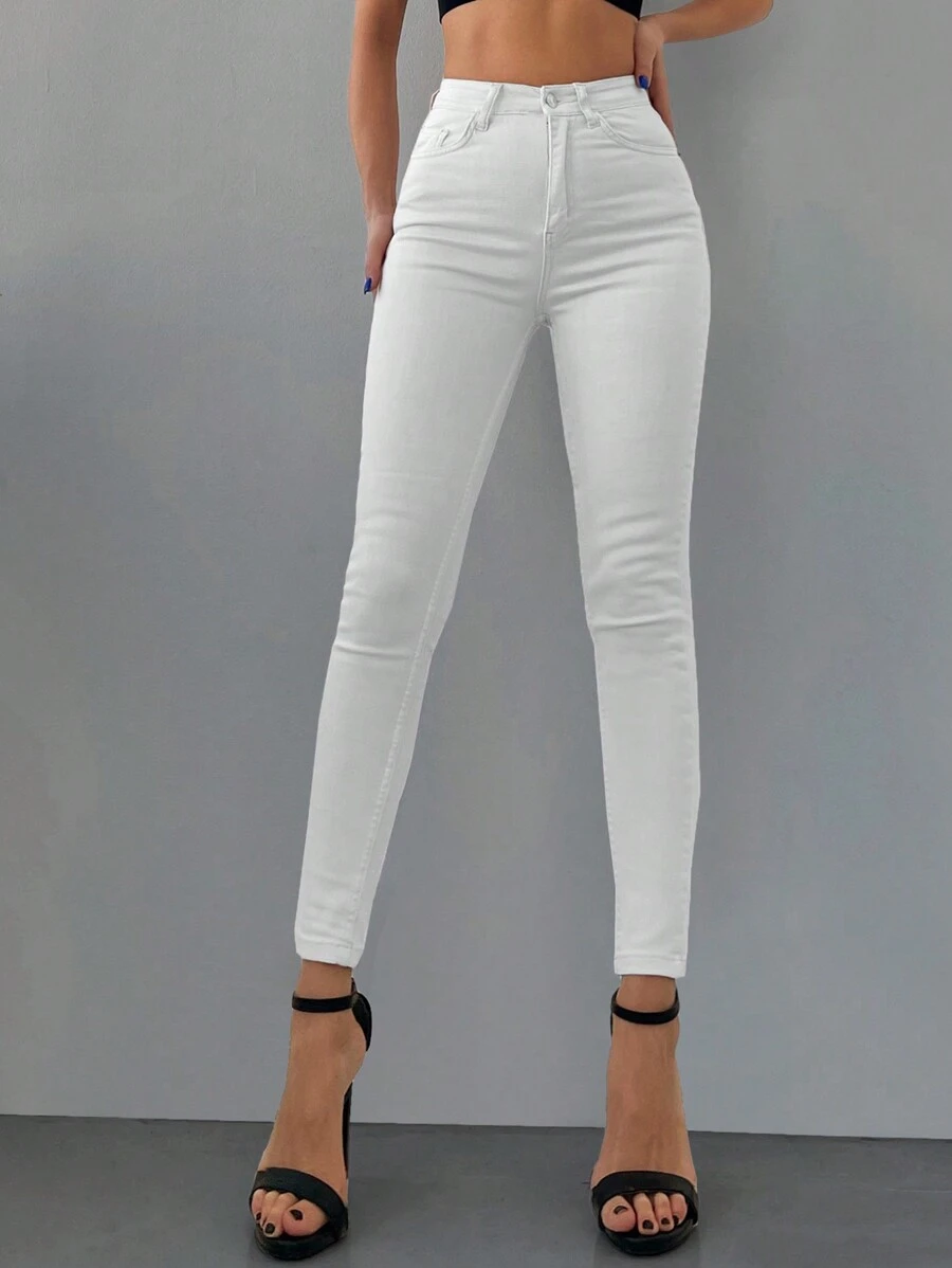 SHEIN Cottnline Jeans ajustados unicolor con cremallera - Beis - Ver 1