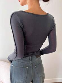 DAZY Khâu Thiết kế Cổ áo vuông Tay áo dài Áo - Xám - Xem 2