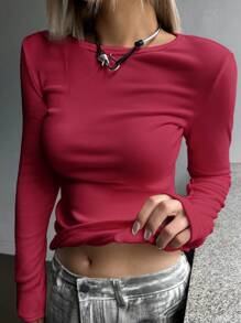 DAZY Solid Round Neck Thermal Tee Long Sleeve Women Tops,Thermal Lined - Redwood - View 2