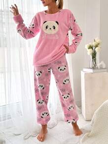 RueChic Panda & Letter Embroidery Flannel PJ Set - Multicolor - View 1
